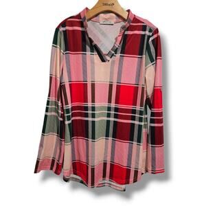 SeSe Code women's multicolor plaid 3/4 rolled sleeves VNeck Blouse - large